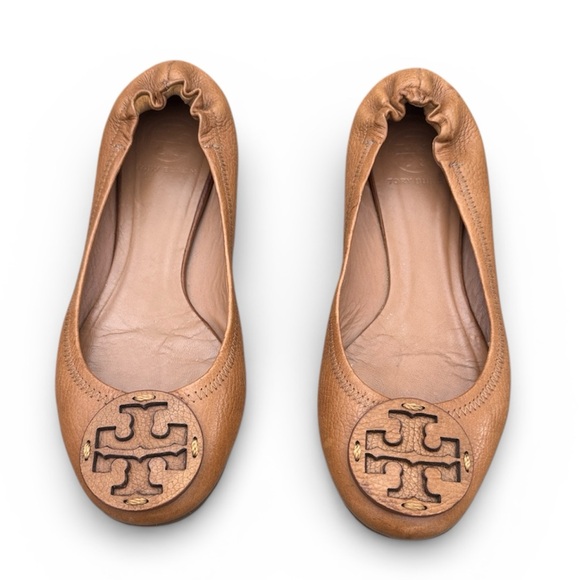 Tory Burch Shoes - Tory Burch Reva Tumbled Royal Tan Logo Ballet Flats Size 8.5